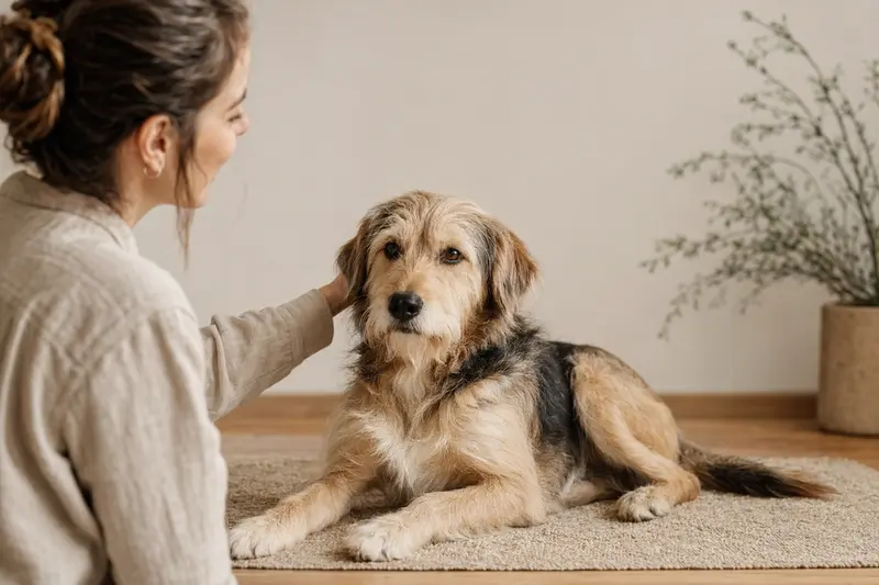 Ein aufmerksam stehender Perro Gocho Hund in natürlicher Haltung vor hellem Hintergrund, als realistisches Hundeportrait mit weichem Licht.