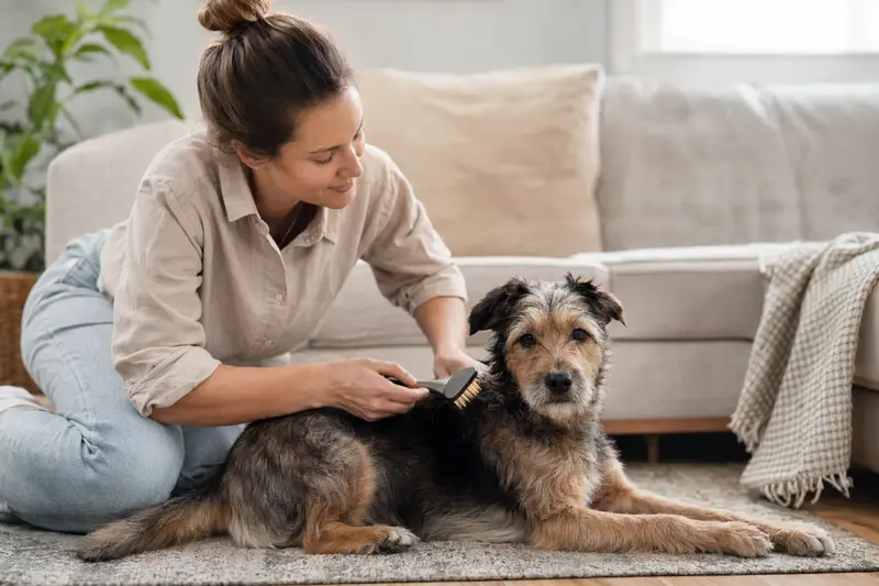 Ein Perro Gocho Hund wird zuhause liebevoll gebürstet, während der Besitzer die Fellpflege ruhig und aufmerksam übernimmt.
