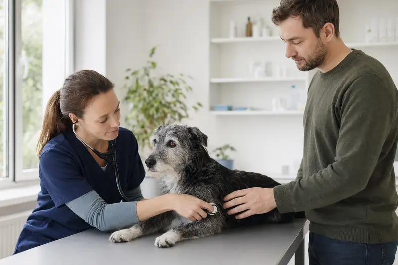 Eine Tierärztin untersucht behutsam einen ruhigen Perro Gocho Hund auf einem Untersuchungstisch in einer modernen Praxis.