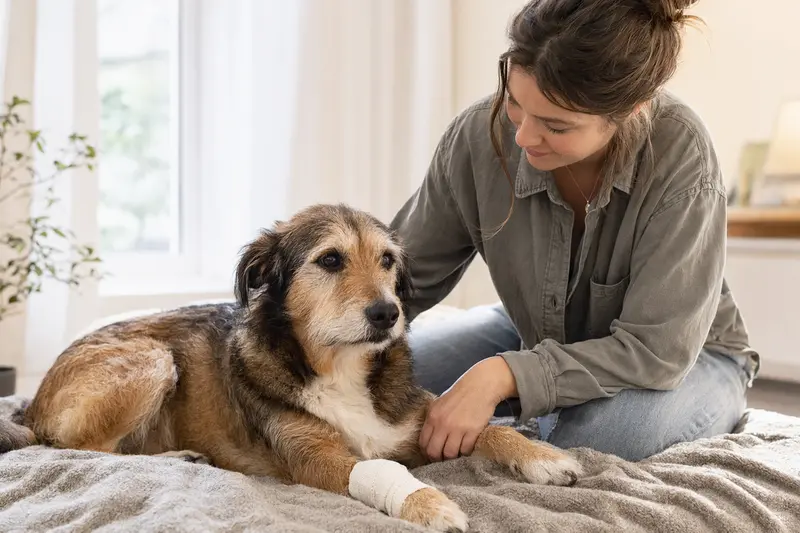 Ein Perro Gocho Hund mit leicht verbundenem Pfotenverband liegt ruhig auf einer Decke, während sein Besitzer erleichtert neben ihm sitzt.