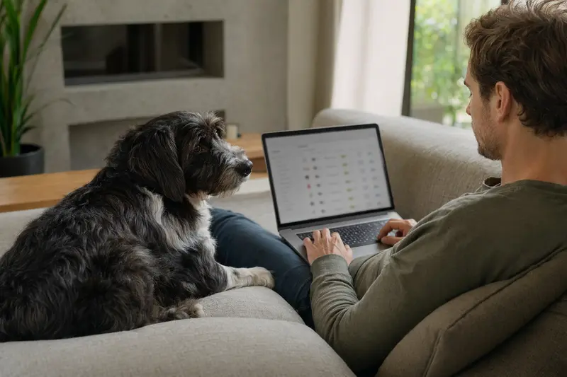 Ein Hundebesitzer arbeitet am Laptop auf dem Sofa, während ein Perro Gocho Hund neben ihm sitzt.