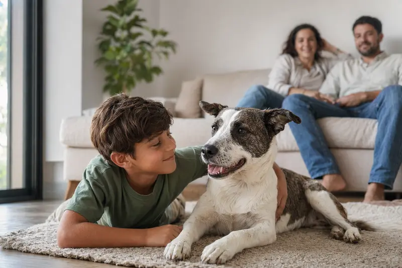 Ein freundlicher Perro Majorero liegt entspannt neben einem Kind im Wohnzimmer, während die Eltern im Hintergrund eine sichere Familienatmosphäre schaffen.
