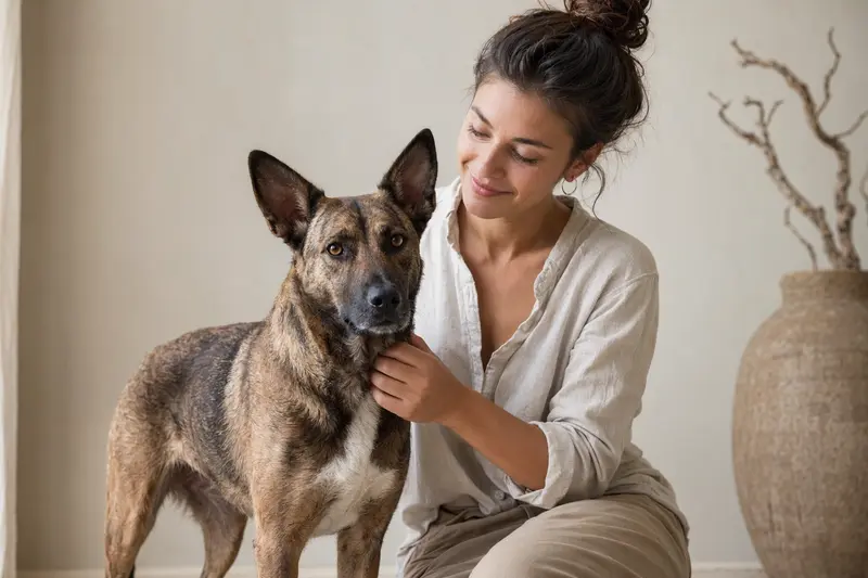 Aufmerksam stehender Perro Majorero Hund in natürlicher Haltung vor hellem neutralem Hintergrund.