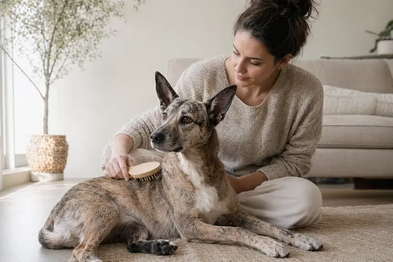 Ein Perro Majorero wird in einer hellen Wohnung sanft gebürstet, während sein Besitzer liebevoll die Fellpflege übernimmt.
