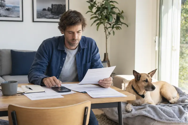 Ein Hundebesitzer sitzt mit einer Tierarztrechnung am Tisch, während ein entspannter Perro Majorero auf einer Decke liegt und die Hundekrankenversicherung thematisch unterstützt.
