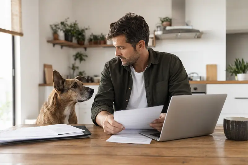 Ein Perro Majorero sitzt ruhig neben seinem Besitzer am Küchentisch mit Versicherungsunterlagen und einem Laptop zur Hunderversicherung.