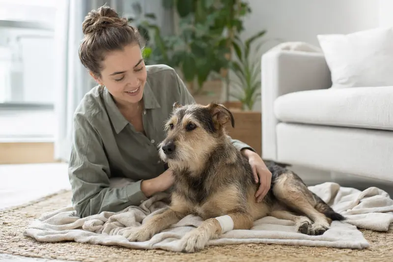Ein Perro-Majorero-Hund mit leicht bandagierter Pfote liegt ruhig auf einer Decke neben seinem erleichterten Besitzer in einer hellen Wohnung.