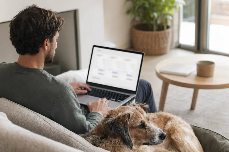 Ein Hundebesitzer arbeitet am Laptop, während sein Perro Majorero neben ihm sitzt und eine ruhige Wohnatmosphäre entsteht.