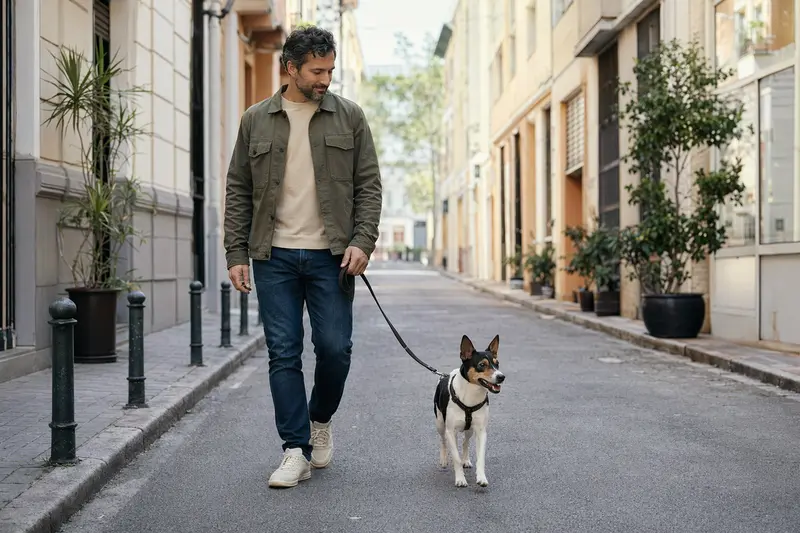 Ein Perro Ratonero Bodeguero läuft entspannt an der Leine mit seinem Besitzer durch eine moderne Stadtstraße.