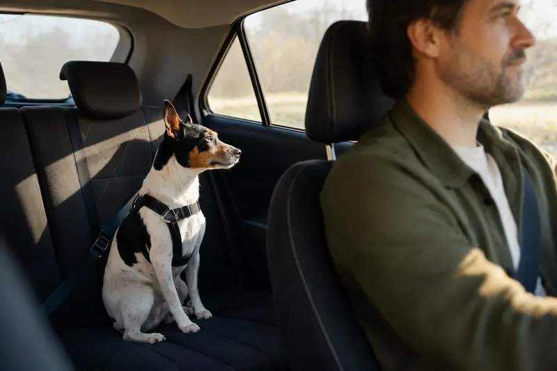 Ein Perro Ratonero Bodeguero sitzt sicher angeschnallt auf der Rückbank eines Autos, während der Besitzer ruhig fährt.