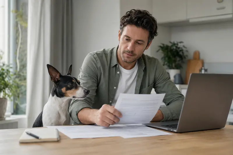 Ein Perro Ratonero Bodeguero sitzt ruhig neben seinem Besitzer am Küchentisch mit Versicherungsunterlagen und Laptop in einer hellen Wohnung.