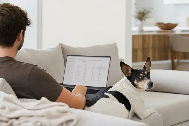 Ein Hundehalter sitzt mit Laptop auf dem Sofa und vergleicht Tierversicherungen für seinen Perro Ratonero Bodeguero.