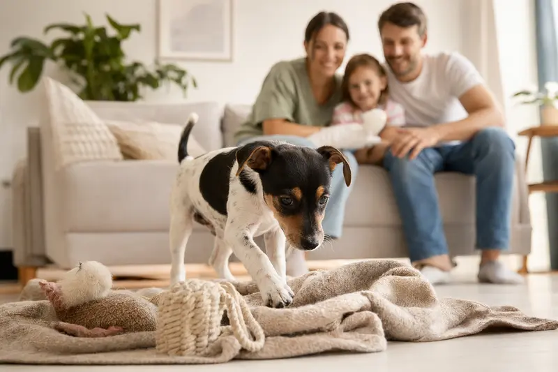 Ein neugieriger Perro Ratonero Bodeguero Welpe erkundet sein neues Zuhause mit gemütlicher Decke und Spielzeug, während eine liebevolle Familie im Hintergrund zu sehen ist.