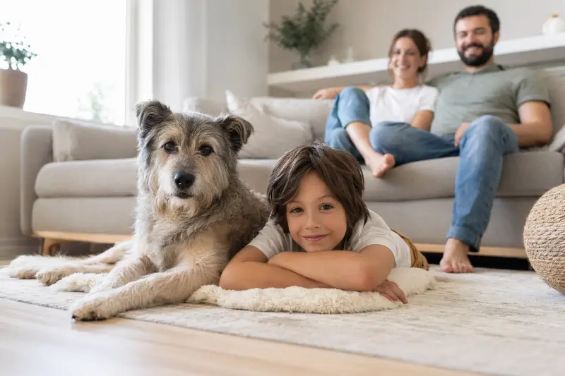 Ein Perro Turco Hund liegt entspannt neben einem Kind im hellen Wohnzimmer, während die Eltern im Hintergrund eine sichere Familienatmosphäre schaffen.