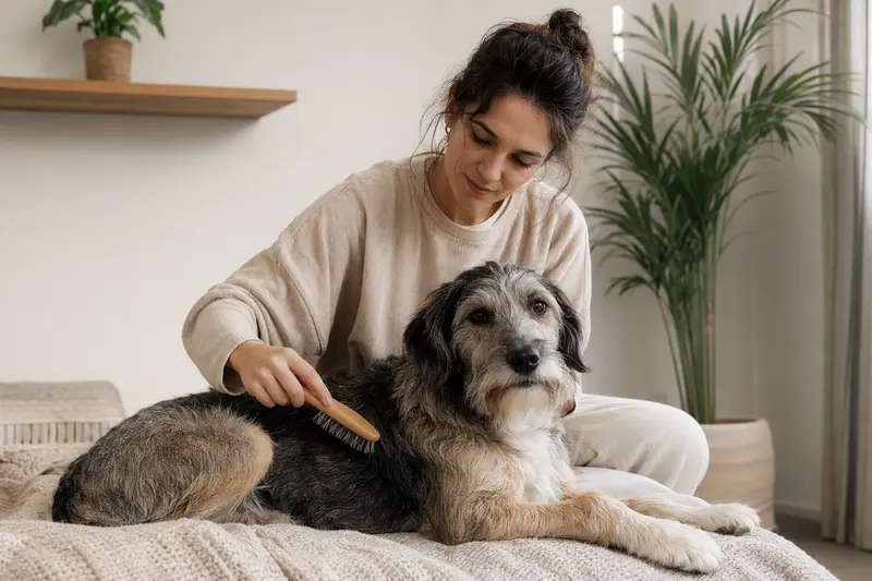 Ein Perro Turco wird zuhause von seinem Besitzer sanft gebürstet, während die liebevolle Fellpflege in heller, ruhiger Wohnatmosphäre gezeigt wird.
