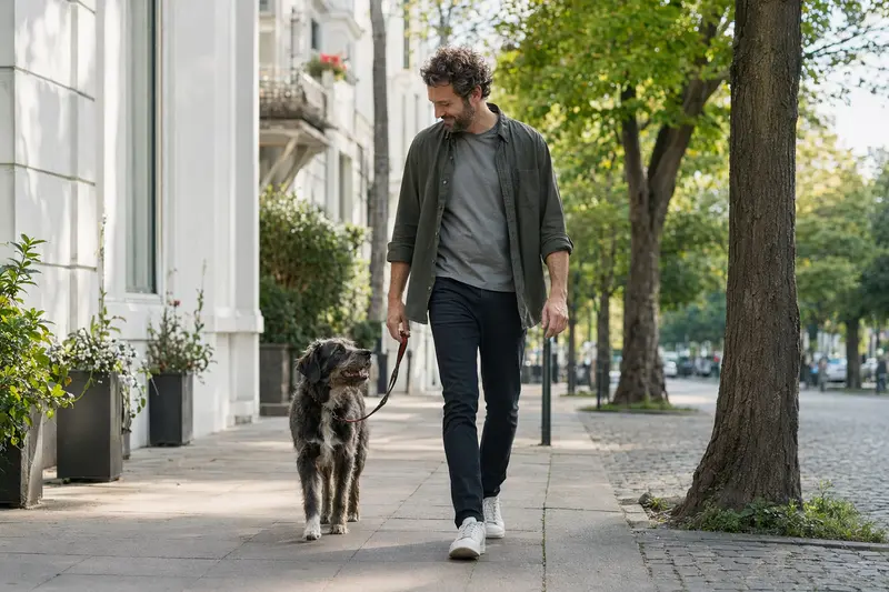 Ein Perro-Turco-Hund läuft an der Leine mit seinem Besitzer durch eine moderne Stadtstraße in entspannter Alltagssituation.