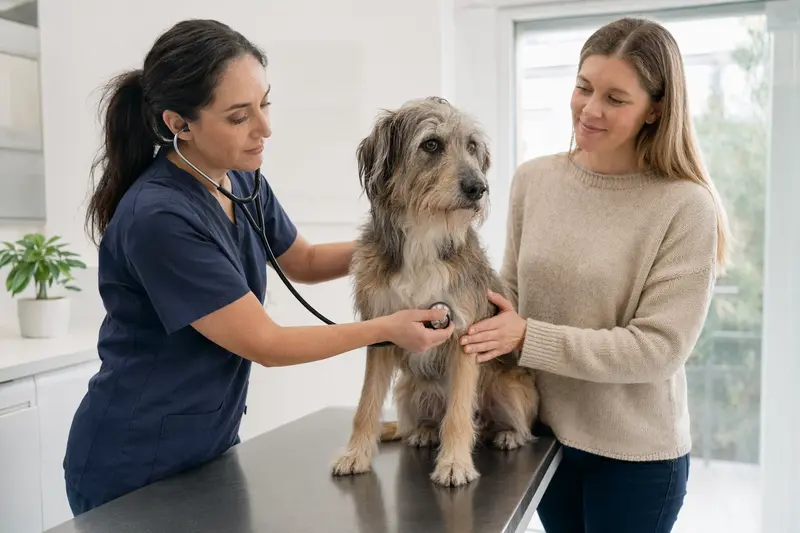 Eine Tierärztin untersucht einen ruhigen Perro Turco Hund mit dem Stethoskop, während der Besitzer in der hellen Tierarztpraxis beruhigend danebensteht.