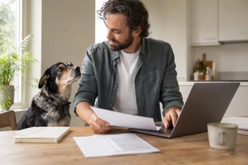 Ein Perro Turco sitzt ruhig neben seinem Besitzer am Küchentisch, während Versicherungsunterlagen und ein Laptop mit einer Vergleichsseite vor ihm liegen.