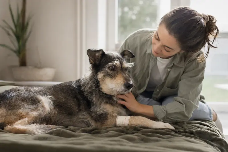 Perro Turco Hund mit leicht verbundenem Pfötchen liegt ruhig auf einer Decke, während sein Besitzer erleichtert neben ihm sitzt.