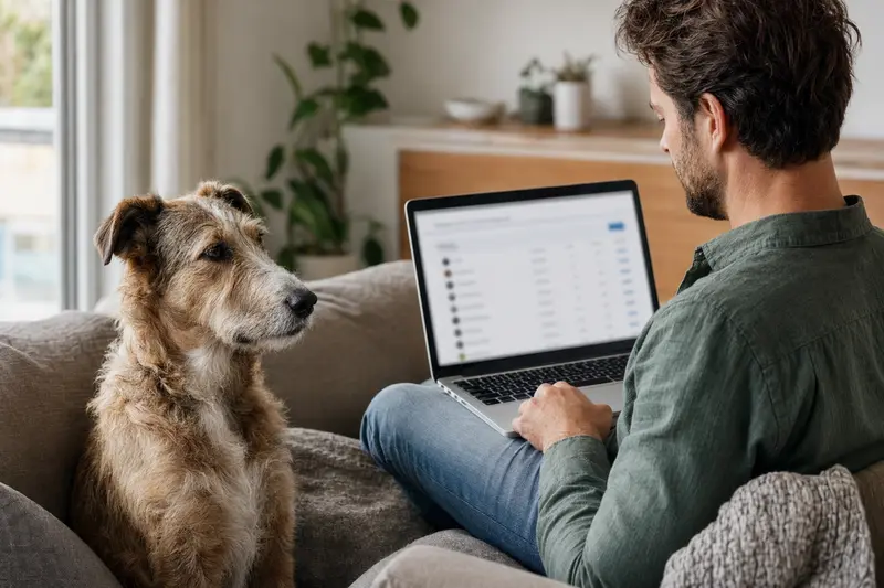 Ein Hundebesitzer sitzt mit Laptop auf dem Sofa, während ein Perro Turco neben ihm auf das Versicherungsangebot schaut.