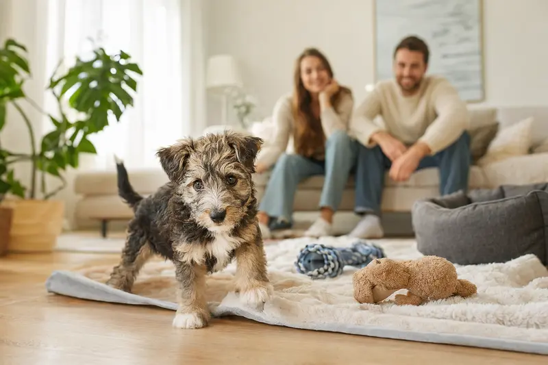 Ein junger Perro Turco Welpe erkundet neugierig sein neues Zuhause mit weicher Decke und Spielzeug in einer hellen Wohnung.