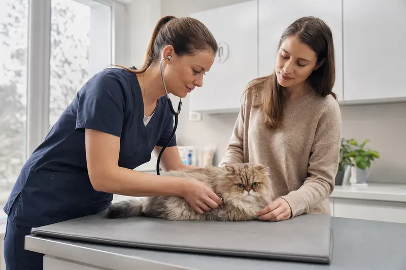 Eine ruhige Perser Katze wird von einer freundlichen Tierärztin mit einem Stethoskop in einer modernen Tierarztpraxis untersucht.
