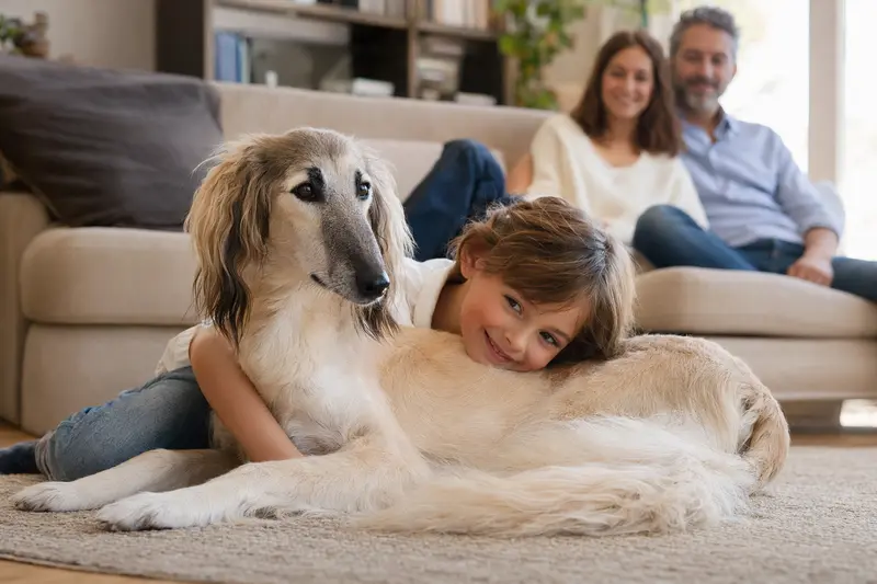 Ein Persischer Windhund liegt entspannt neben einem Kind im hellen Wohnzimmer, während die Eltern im Hintergrund eine sichere Familienatmosphäre schaffen.
