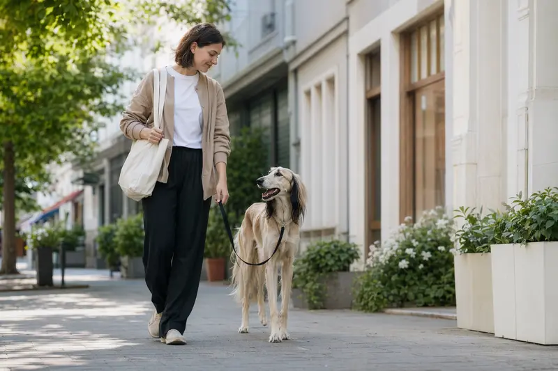 Ein Persischer Windhund läuft an der Leine mit seinem Besitzer durch eine moderne Stadtstraße.