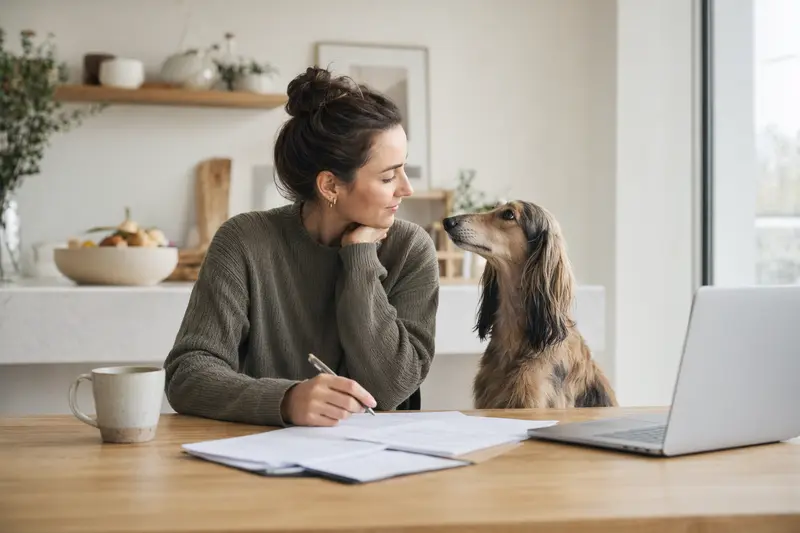 Ein Persischer Windhund sitzt ruhig neben seinem Besitzer am Küchentisch, während Versicherungsunterlagen und ein Laptop mit einer neutralen Vergleichsseite vor ihm liegen.