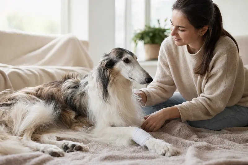 Persischer Windhund mit leicht verbundenen Pfote liegt ruhig auf einer Decke, während sein Besitzer daneben sitzt und erleichtert wirkt.