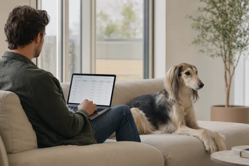 Ein Besitzer sitzt mit Laptop auf dem Sofa neben einem Persischen Windhund und vergleicht Versicherungen.