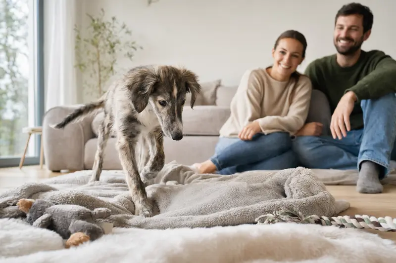 Ein neugieriger Persischer Windhund Welpe erkundet sein neues Zuhause auf einer weichen Decke, während die liebevolle Familie im Hintergrund zu sehen ist.