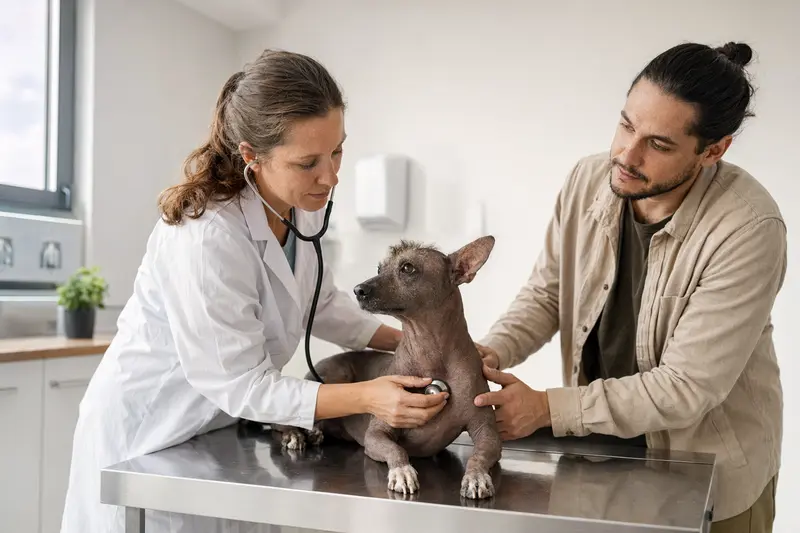 Eine freundliche Tierärztin untersucht einen ruhigen Peruanischen Nackthund auf einem Untersuchungstisch in einer modernen Tierarztpraxis.