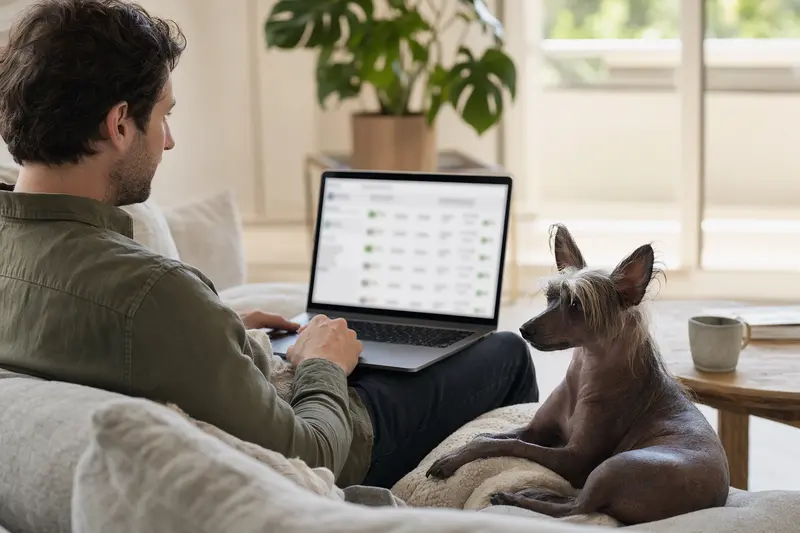 Ein Besitzer arbeitet mit einem Laptop auf dem Sofa, während ein Peruanischer Nackthund neben ihm sitzt und eine neutrale Versicherungsvergleichs-Oberfläche auf dem Bildschirm zu sehen ist.