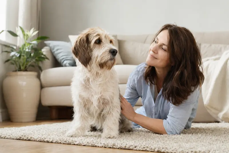 Ein aufmerksamer Petit Basset Griffon Vendéen steht vor hellem Hintergrund und zeigt seine charakteristische Fellstruktur.