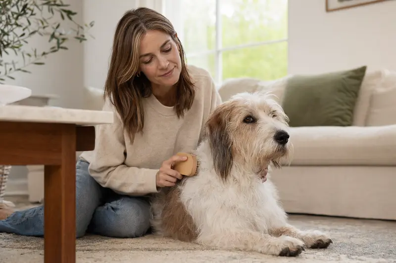 Ein Petit Basset Griffon Vendéen Hund wird liebevoll von seinem Besitzer in einer hellen Wohnung gebürstet.