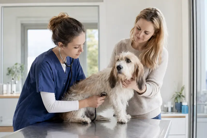 Ein ruhiger Petit Basset Griffon Vendéen Hund wird von einer freundlichen Tierärztin mit einem Stethoskop in einer modernen Tierarztpraxis untersucht.