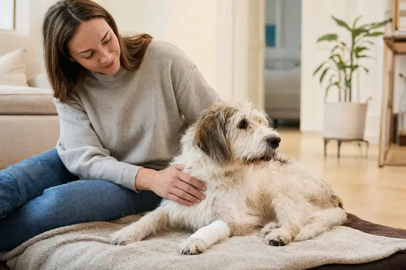 Ein Petit Basset Griffon Vendéen Hund mit einem Verband an der Pfote liegt neben seinem erleichterten Besitzer auf einer Decke in einer hellen Wohnung.