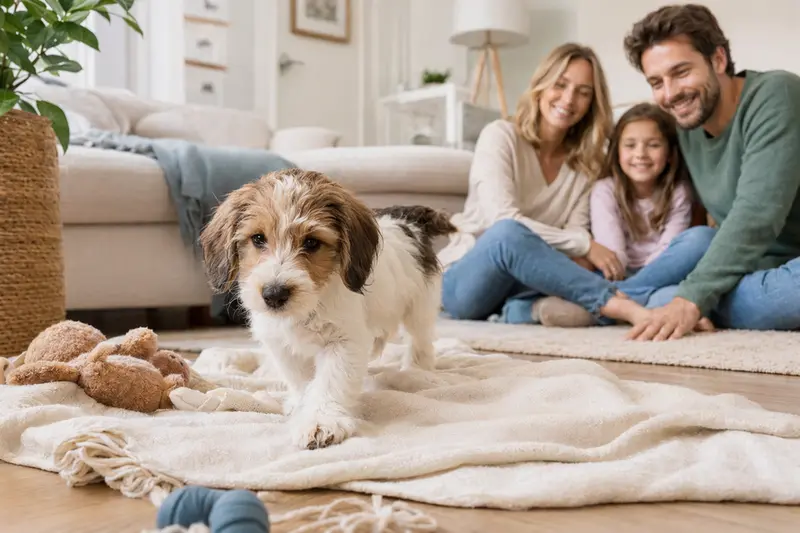 Ein neugieriger Petit Basset Griffon Vendéen Welpe erkundet sein neues Zuhause mit einer Familie im Hintergrund.