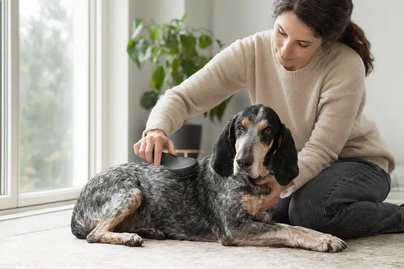 Ein Petit Bleu de Gascogne Hund wird in der hellen Wohnung sanft gebürstet, während sein Besitzer liebevoll die Fellpflege übernimmt.