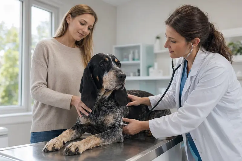 Ein ruhiger Petit Bleu de Gascogne Hund wird von einer freundlichen Tierärztin in einer modernen Tierarztpraxis mit einem Stethoskop untersucht, während sein Besitzer beruhigend daneben steht.