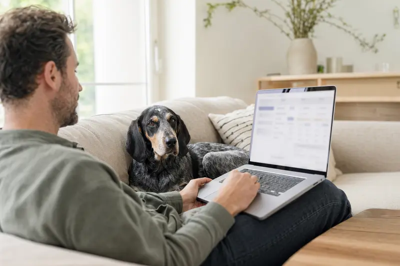 Ein Hundebesitzer sitzt mit einem Petit Bleu de Gascogne auf dem Sofa und vergleicht Tierkrankenversicherungen am Laptop.