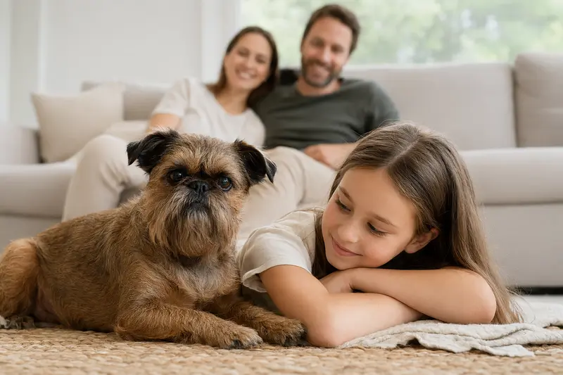 Ein Petit Brabancon Hund liegt entspannt neben einem Kind im Wohnzimmer, während Eltern im Hintergrund für eine sichere Familienatmosphäre sorgen.