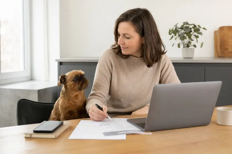 Petit Brabancon Hund sitzt ruhig neben seinem Besitzer am Küchentisch mit Versicherungsunterlagen und Laptop zu einer Vergleichsseite.
