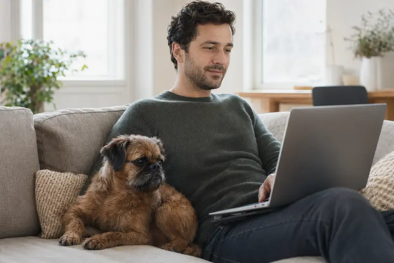 Ein Hundebesitzer entspannt auf dem Sofa mit einem Petit Brabancon, während er am Laptop einen Versicherungsvergleich für Tierarztkosten durchführt.