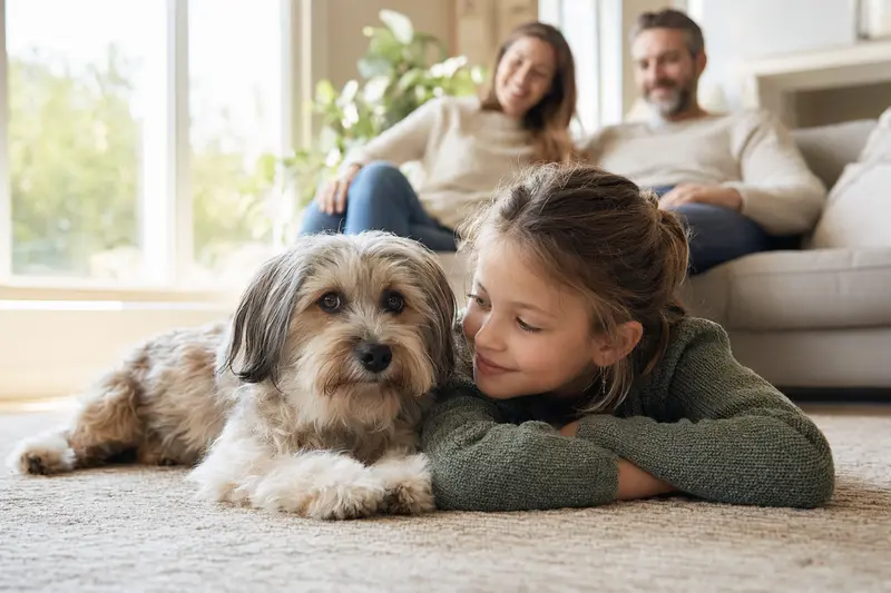 Ein Petit Chien Lion liegt entspannt neben einem Kind im hellen Wohnzimmer, während die Eltern im Hintergrund für eine sichere Familienatmosphäre sorgen.