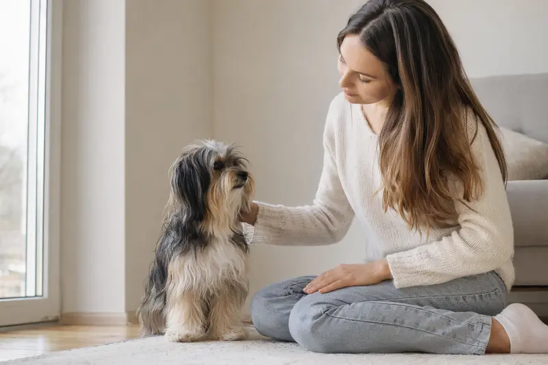 Ein Petit Chien Lion steht aufmerksam in natürlicher Haltung vor hellem Hintergrund und zeigt das typische Erscheinungsbild der Rasse.
