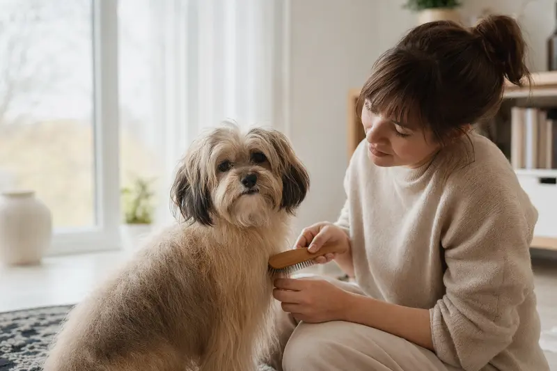 Ein Petit Chien Lion wird in einer hellen Wohnung sanft gebürstet, während sein Besitzer liebevoll die Fellpflege übernimmt.