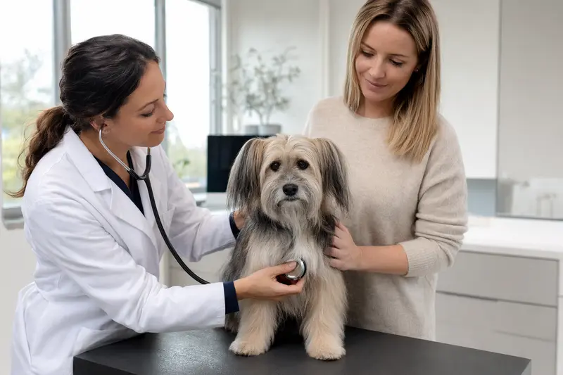 Ein Petit Chien Lion Hund wird von einer Tierärztin in einer modernen Praxis gründlich untersucht.