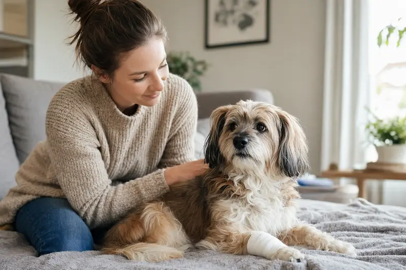 Ein Petit Chien Lion mit leicht verbundenem Pfötchen liegt ruhig auf einer Decke, während sein Besitzer neben ihm sitzt und erleichtert wirkt.